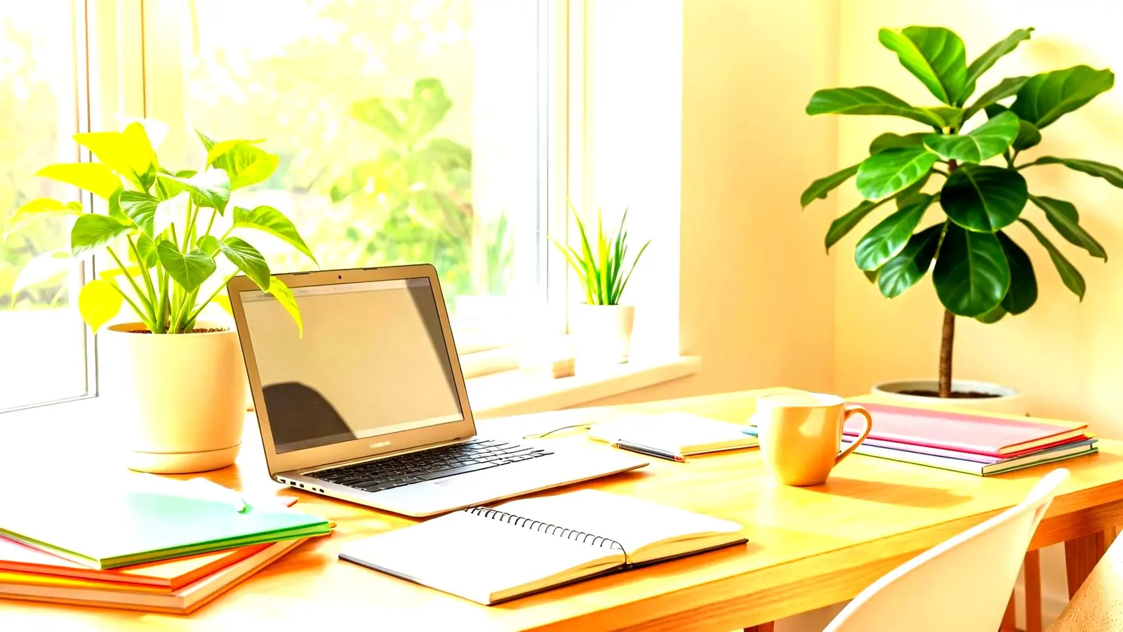 Bureau clair avec un ordinateur portable, pour nous écrire