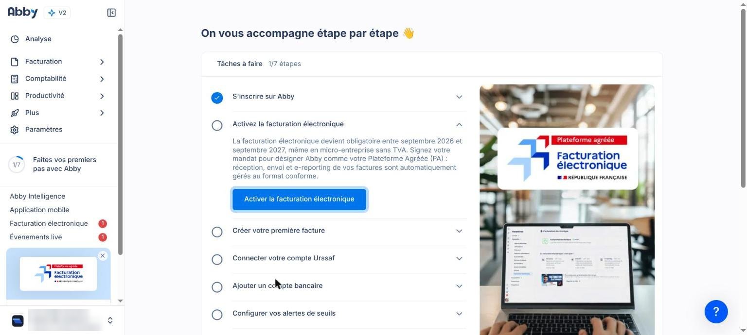 Abby : guide de démarrage, étape Activez la facturation électronique