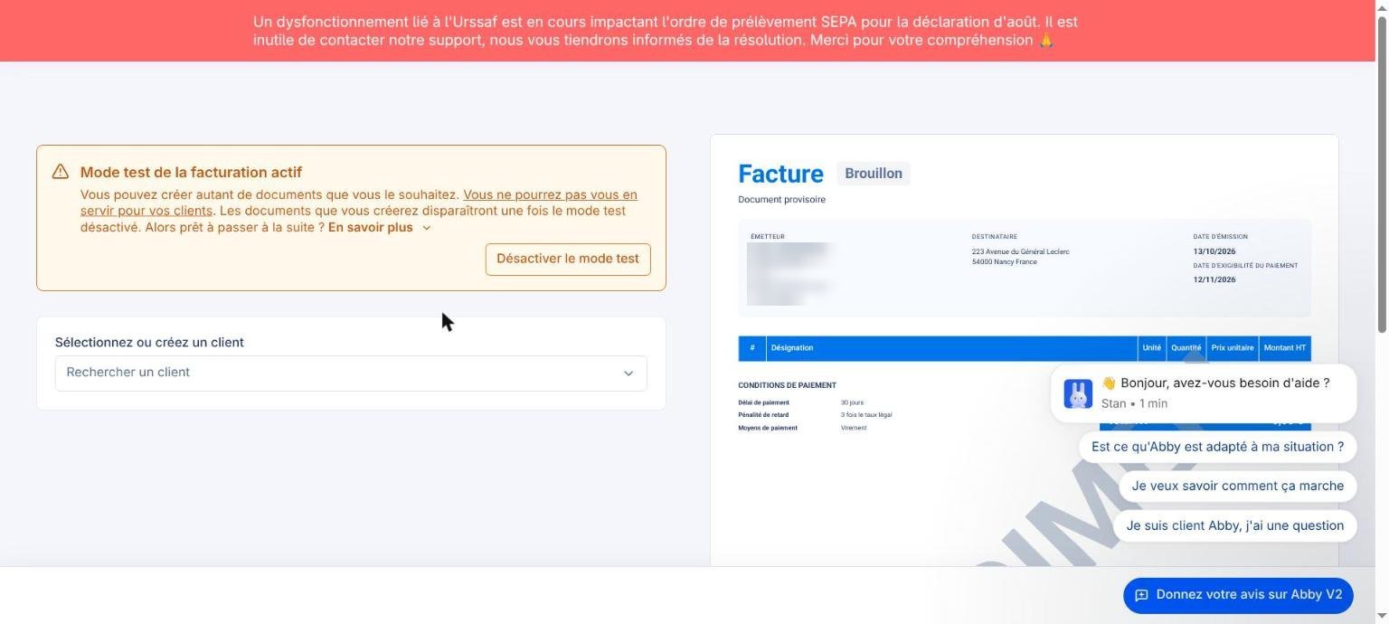 Abby : mode test de la facturation, facture brouillon
