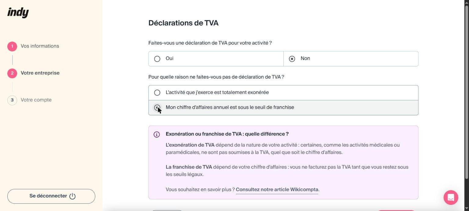 Indy : inscription, choix entre exonération et franchise de TVA