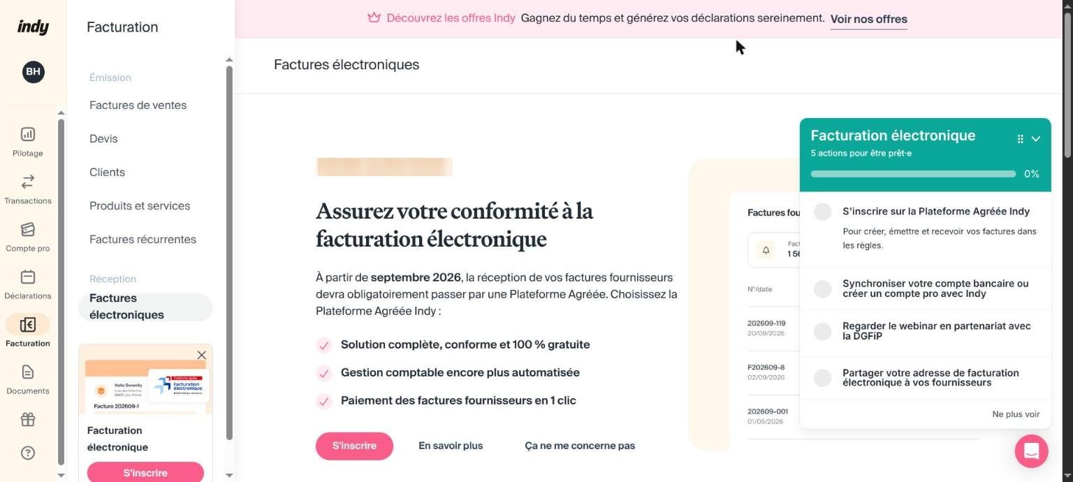 Indy : page Factures électroniques et liste des 5 actions