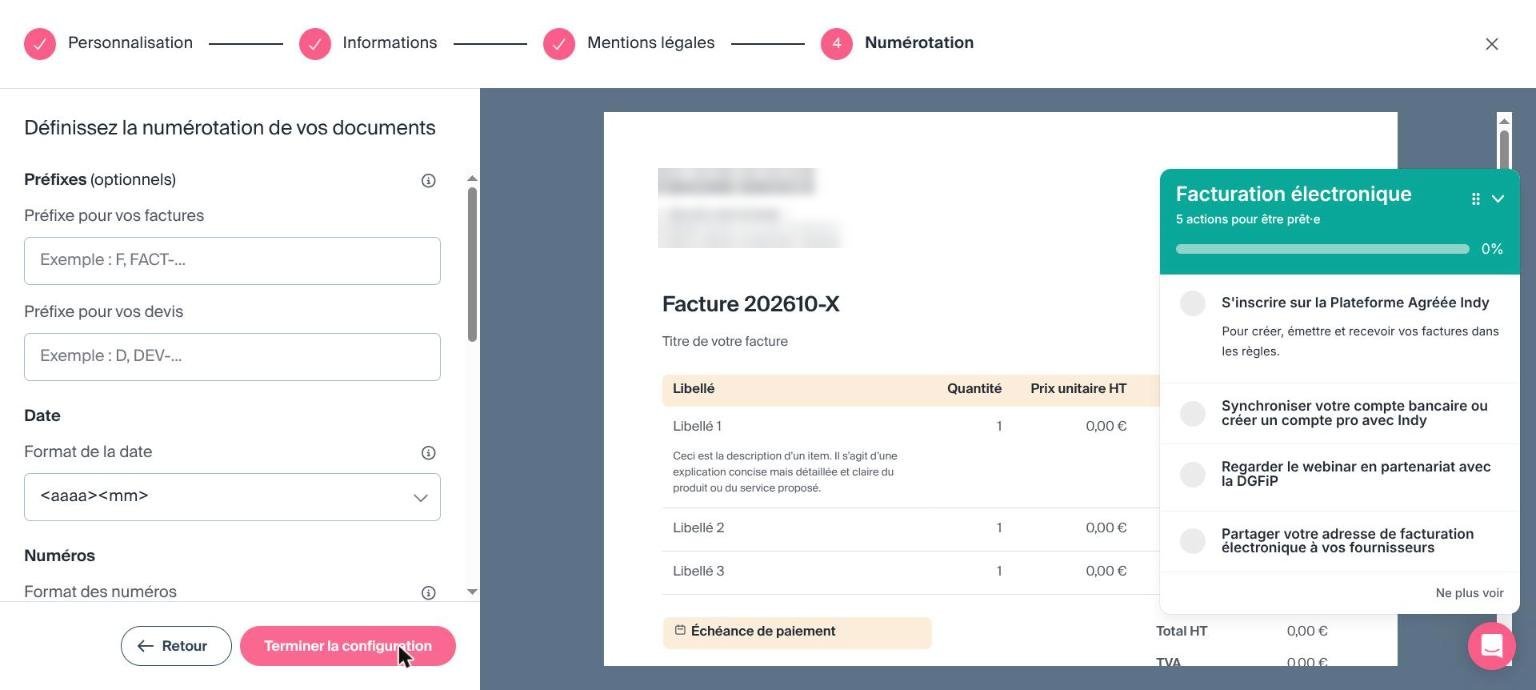 Indy : assistant de configuration, étape numérotation