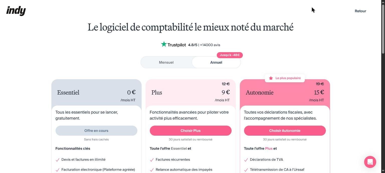 Indy : offres Essentiel, Plus et Autonomie dans l'application