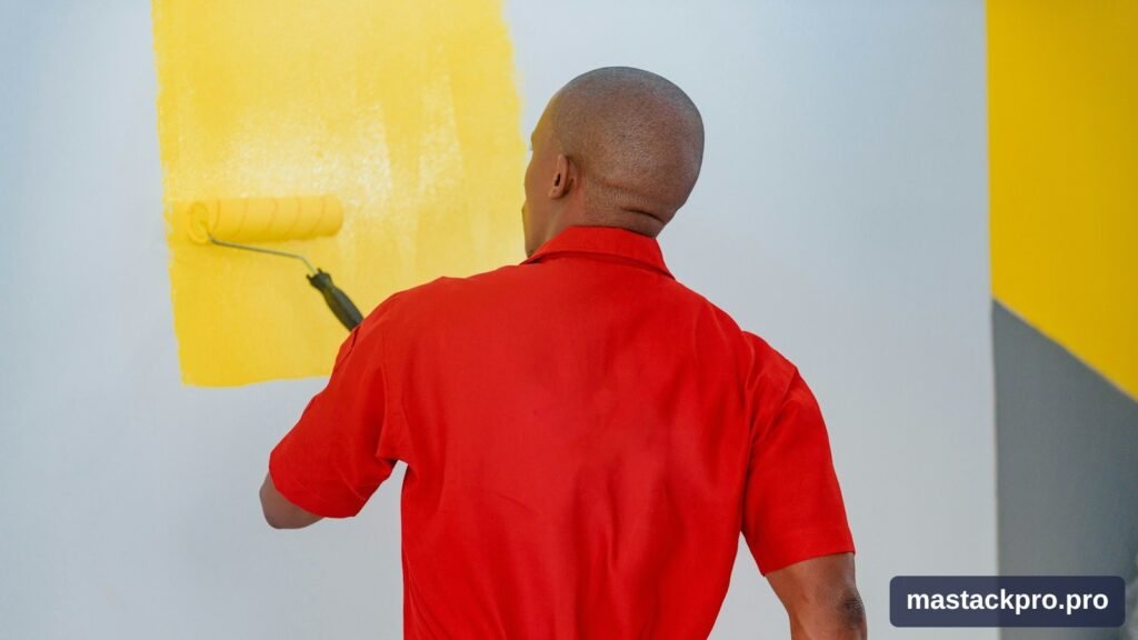 Peintre en bâtiment appliquant de la peinture jaune au rouleau sur un mur