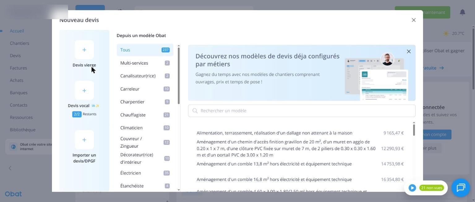 Obat : « Nouveau devis » : devis vierge, devis vocal IA (2/2 restants), modèles par métier