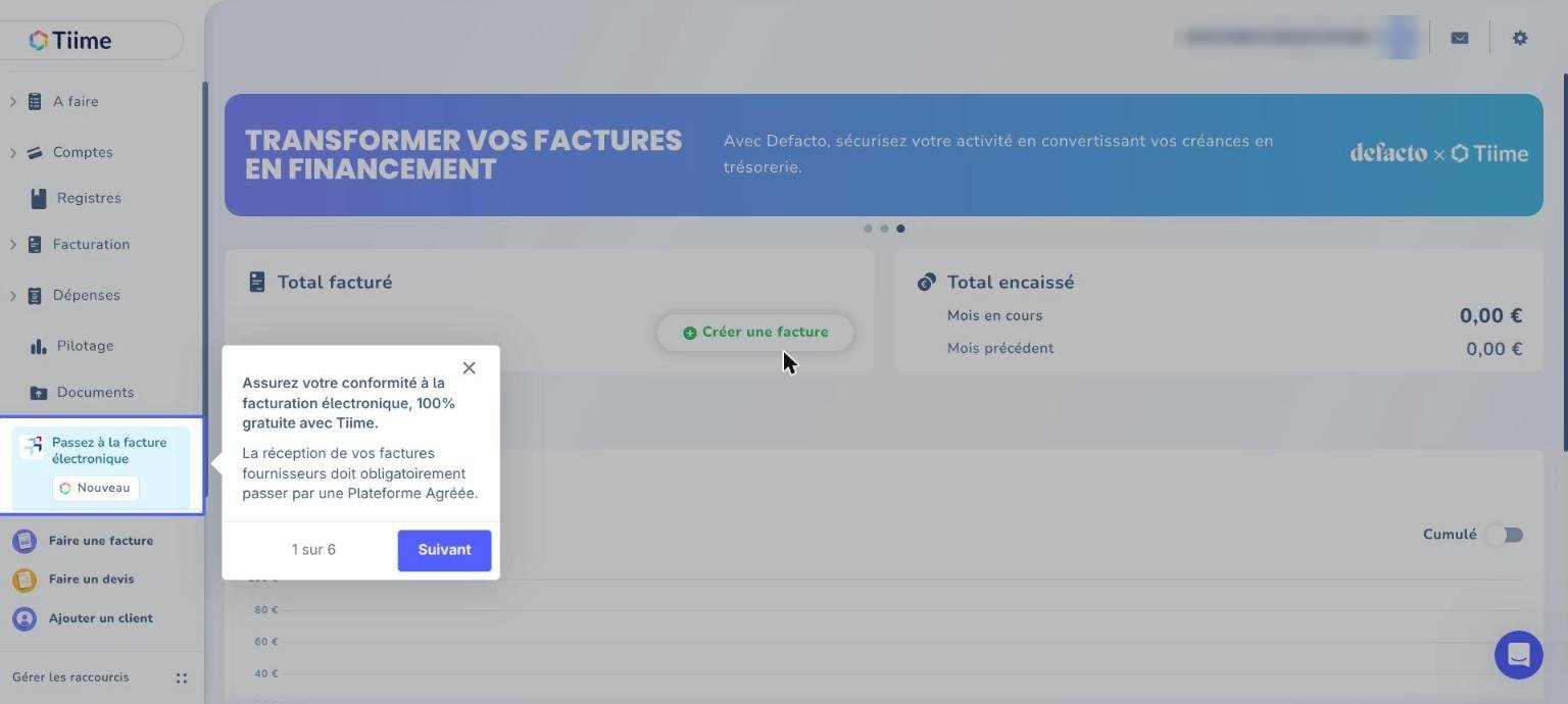 Tiime : accueil après inscription, visite guidée sur la facturation électronique
