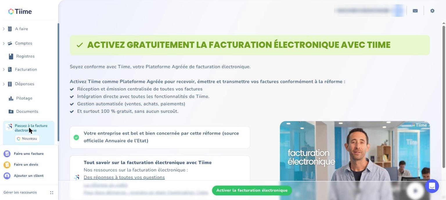 Tiime : page « Activez gratuitement la facturation électronique »