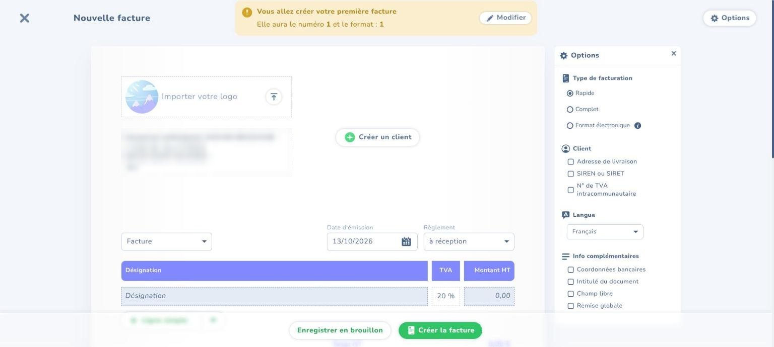 Tiime : éditeur de facture, avertissement « première facture numéro 1 »