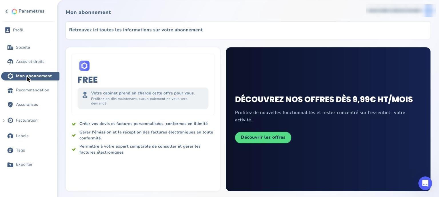 Tiime : page Mon abonnement, offre Free